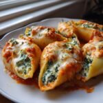 Close-up of baked Pesto Stuffed Shells With Vodka Sauce, topped with melted cheese.