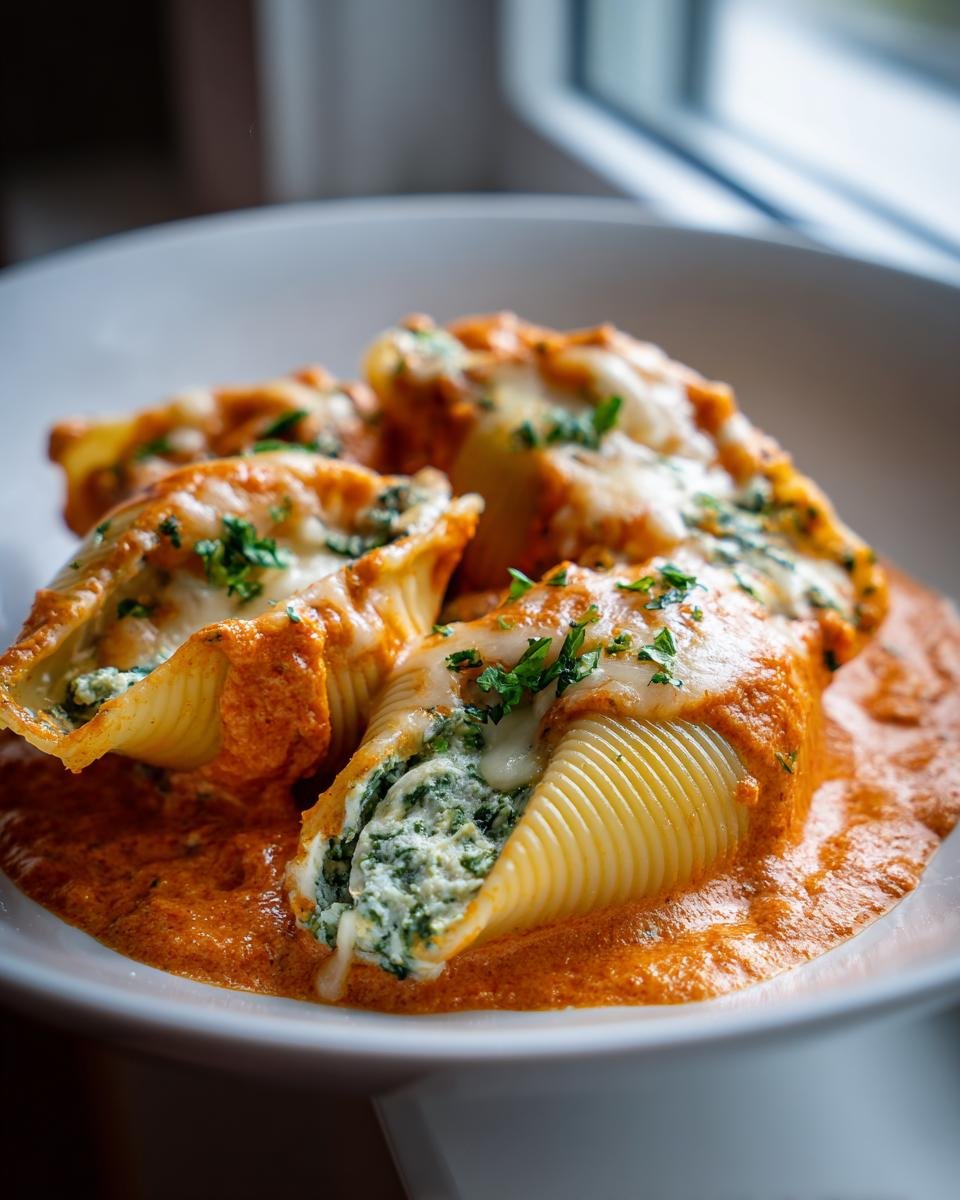 Close-up of Pesto Stuffed Shells With Vodka Sauce, topped with melted cheese and parsley.
