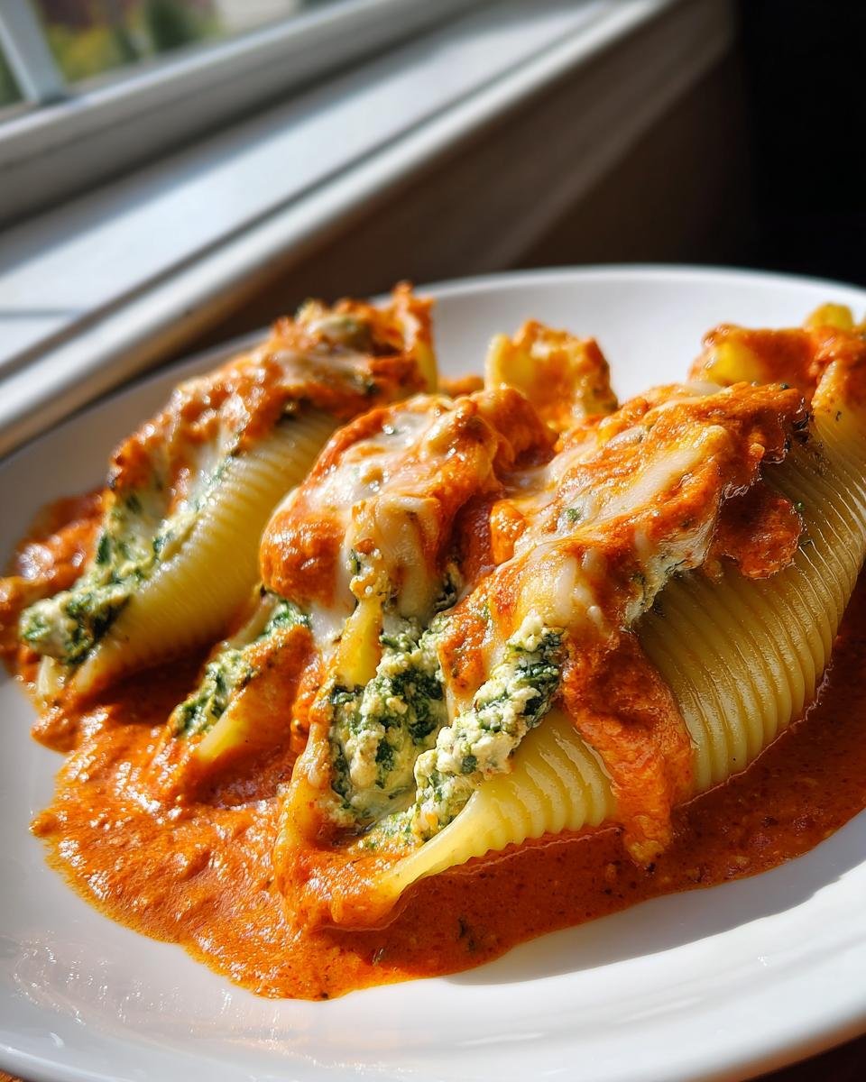 Close-up of three Pesto Stuffed Shells With Vodka Sauce, topped with melted cheese and resting in a creamy orange sauce.