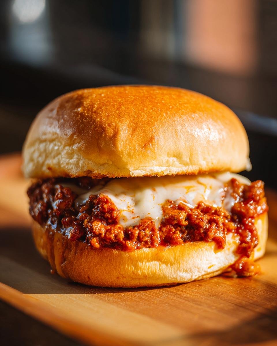 Close-up of a juicy Philly Cheese Steak Sloppy Joes sandwich with rich meat filling and melted white cheese on a brioche bun.
