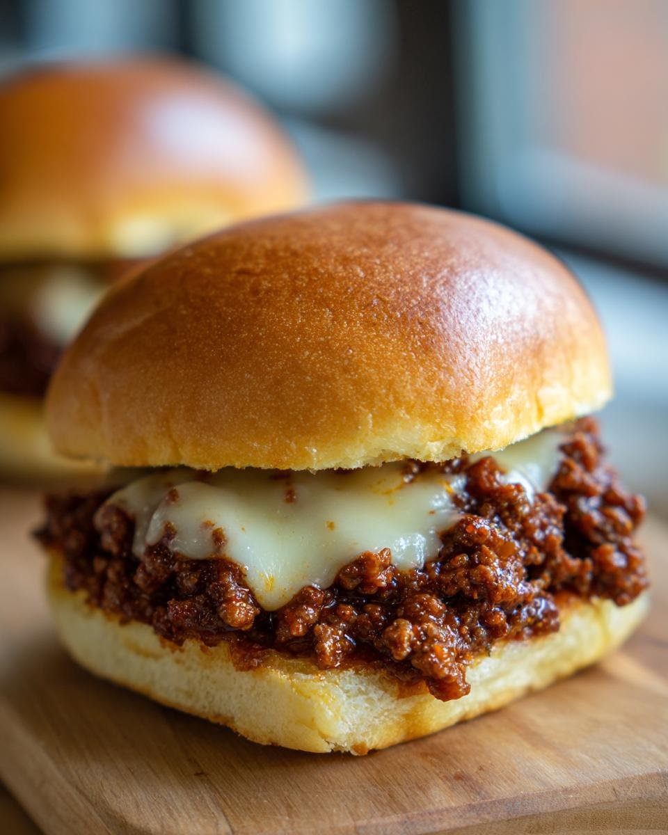 Close-up of a delicious Philly Cheese Steak Sloppy Joes sandwich featuring a brioche bun and melted white cheese.