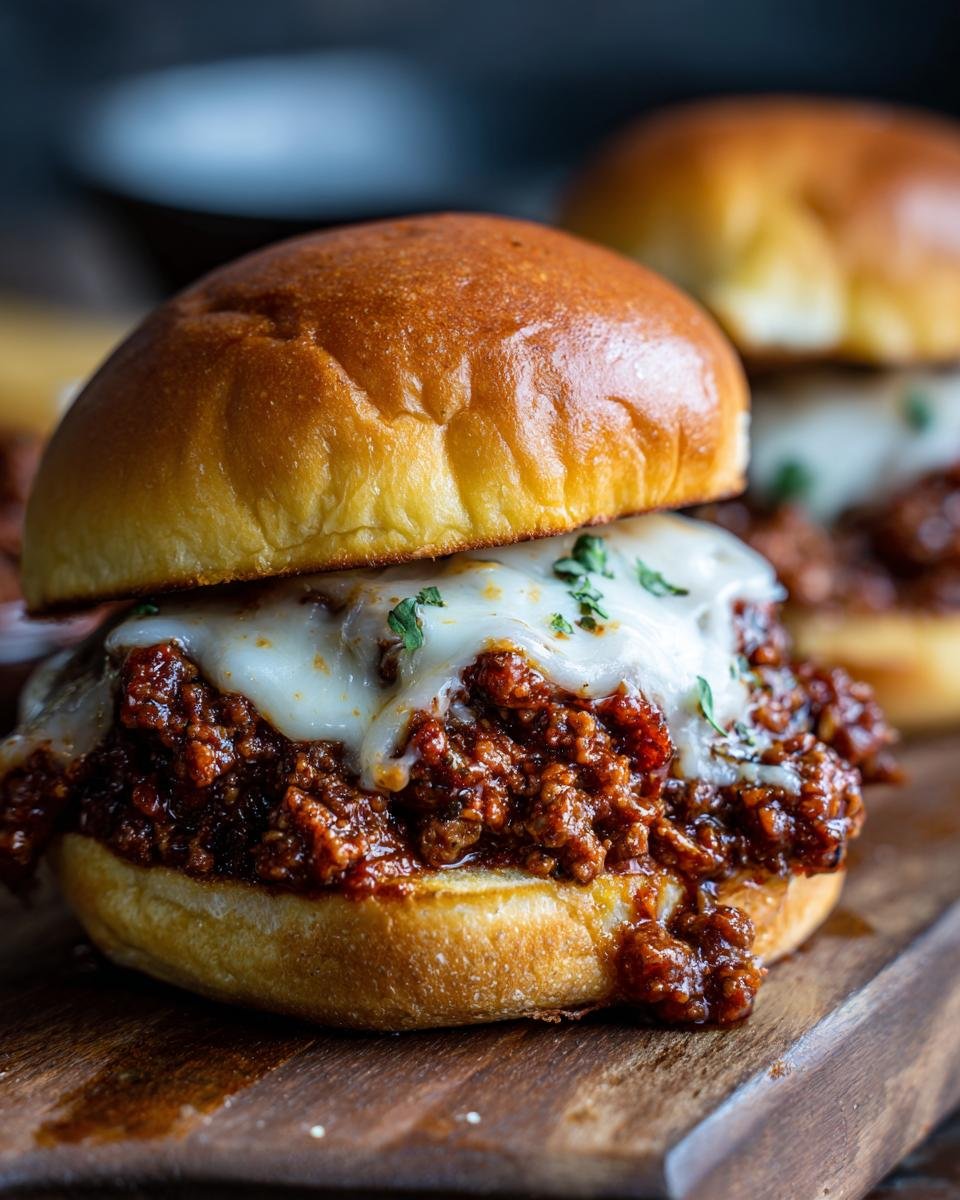 Close-up of a delicious Philly Cheese Steak Sloppy Joes sandwich with melted white cheese and parsley.