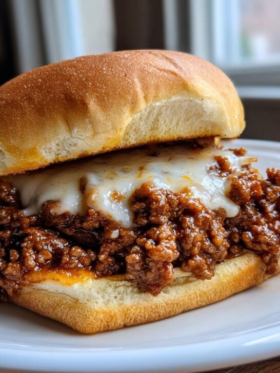 A close-up of a messy Philly Cheese Steak Sloppy Joes sandwich overflowing with saucy ground meat and melted white cheese on a bun.
