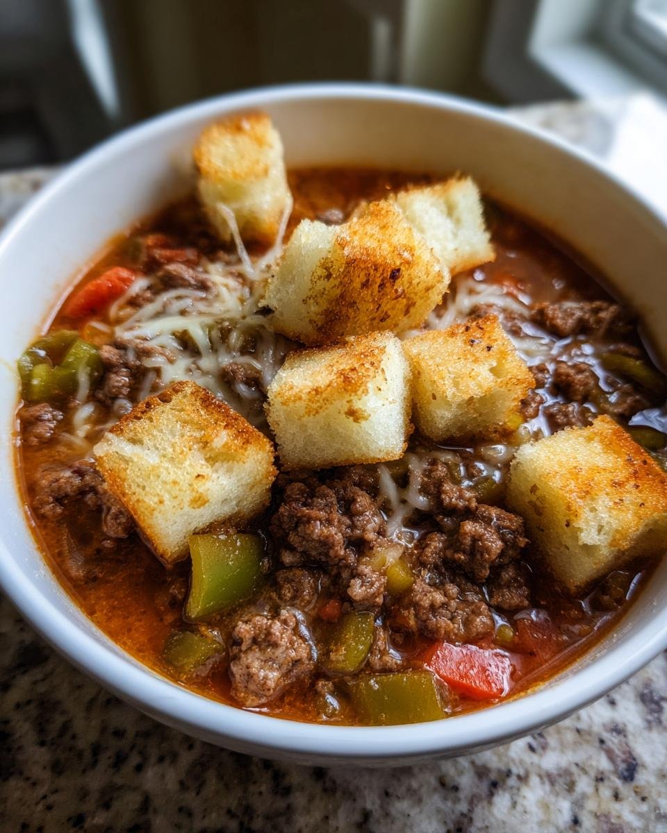 Close-up of a bowl of rich Philly Cheese Steak Soup topped with melted cheese and golden croutons.