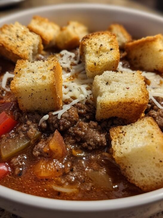 Close-up of a bowl of rich Philly Cheese Steak Soup topped with ground beef, peppers, melted cheese, and large croutons.