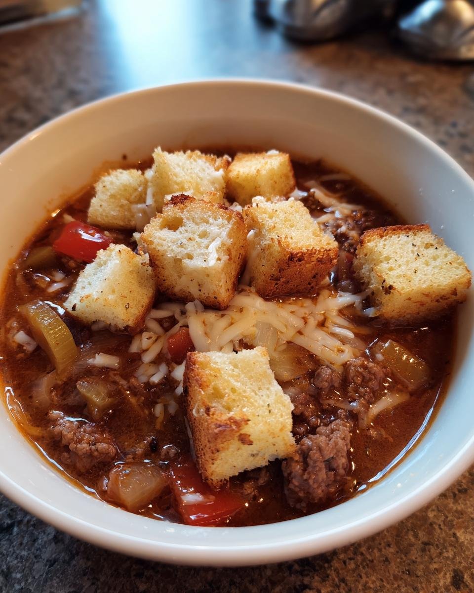 A close-up of a white bowl filled with Philly Cheese Steak Soup, topped with shredded cheese and toasted bread cubes.