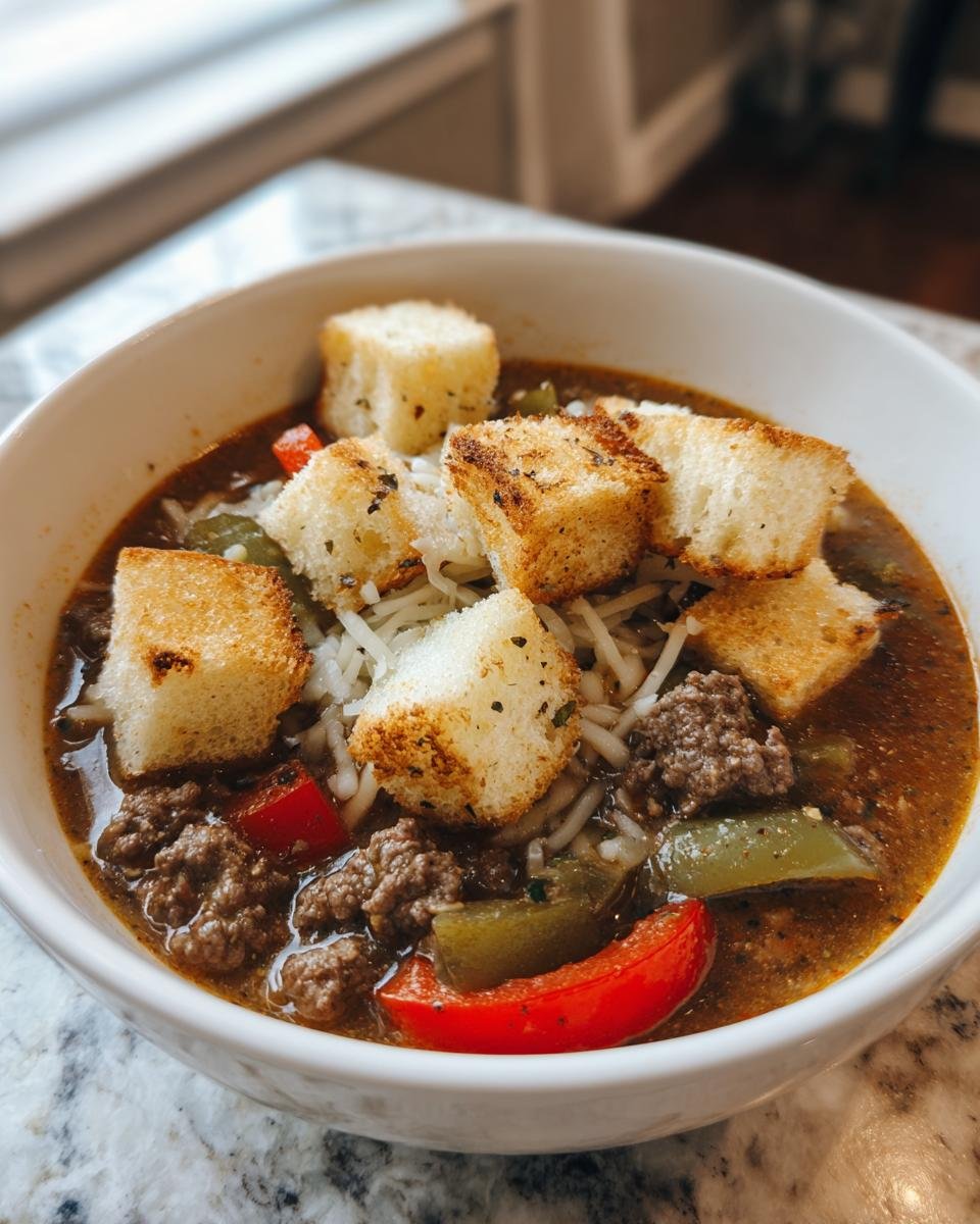 A close-up of hearty Philly Cheese Steak Soup topped with croutons and shredded white cheese.
