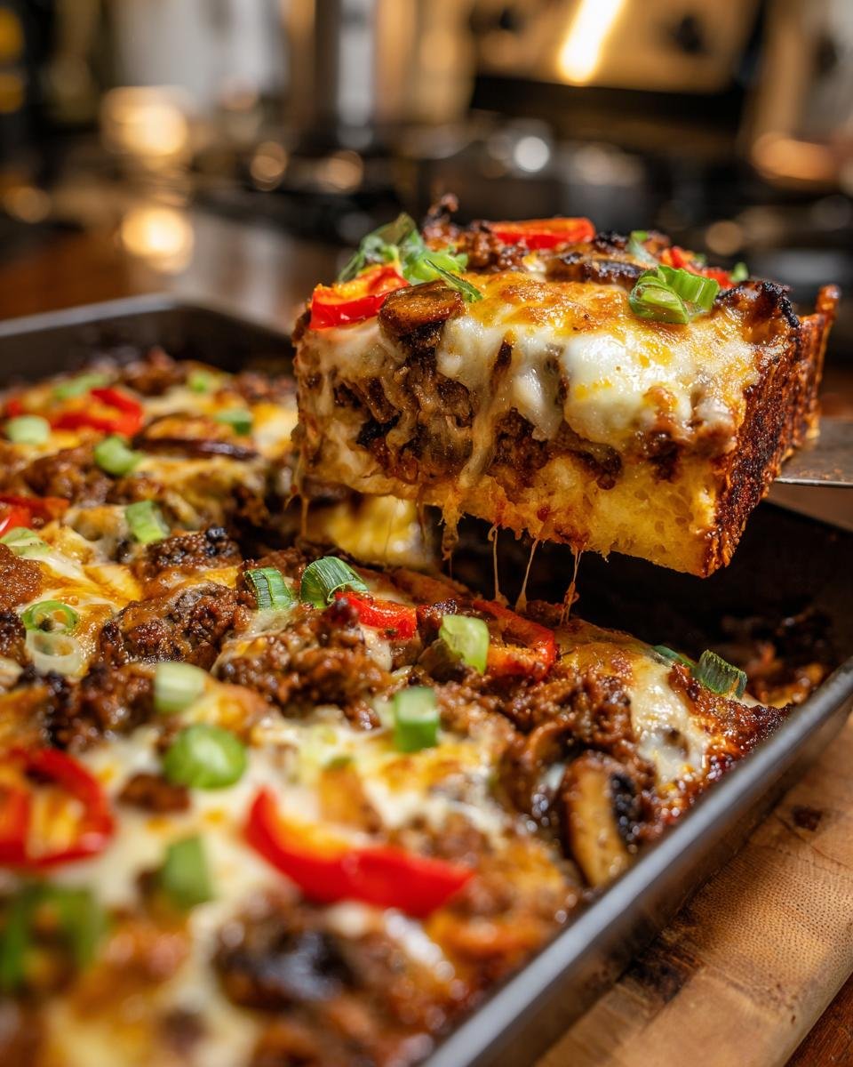 A spatula lifts a cheesy, meaty slice from a baked Philly Cheesesteak Grilled Cheese Casserole.