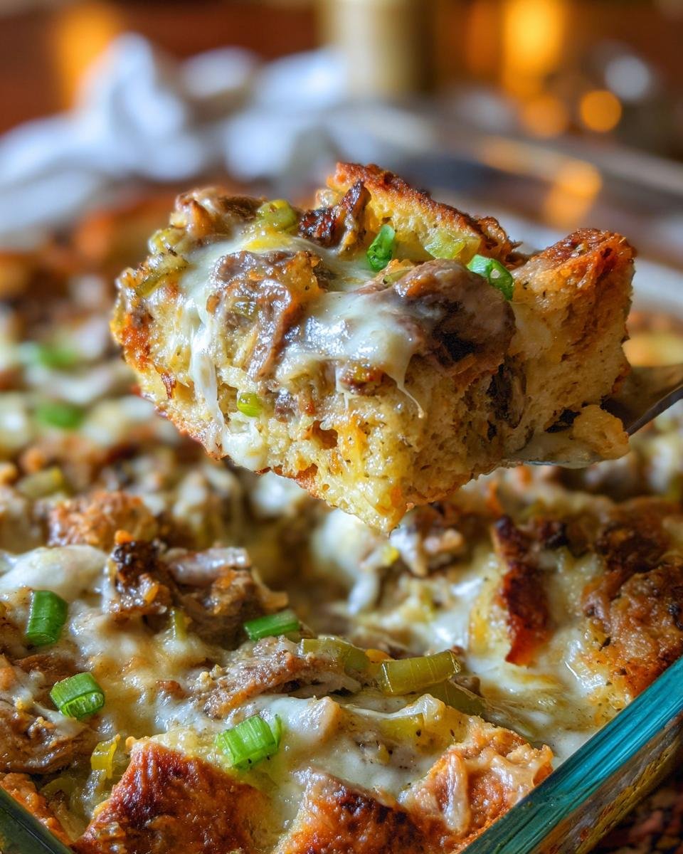 A spoonful of gooey, cheesy Philly Cheesesteak Grilled Cheese Casserole being lifted from a glass baking dish.