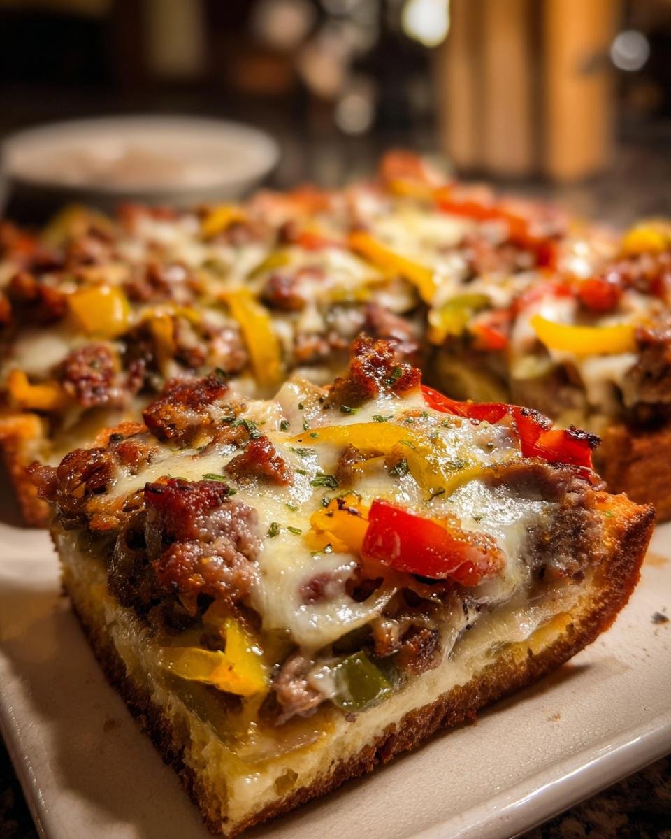 A close-up slice of Philly Cheesesteak Grilled Cheese Casserole topped with melted cheese, steak, and colorful peppers.