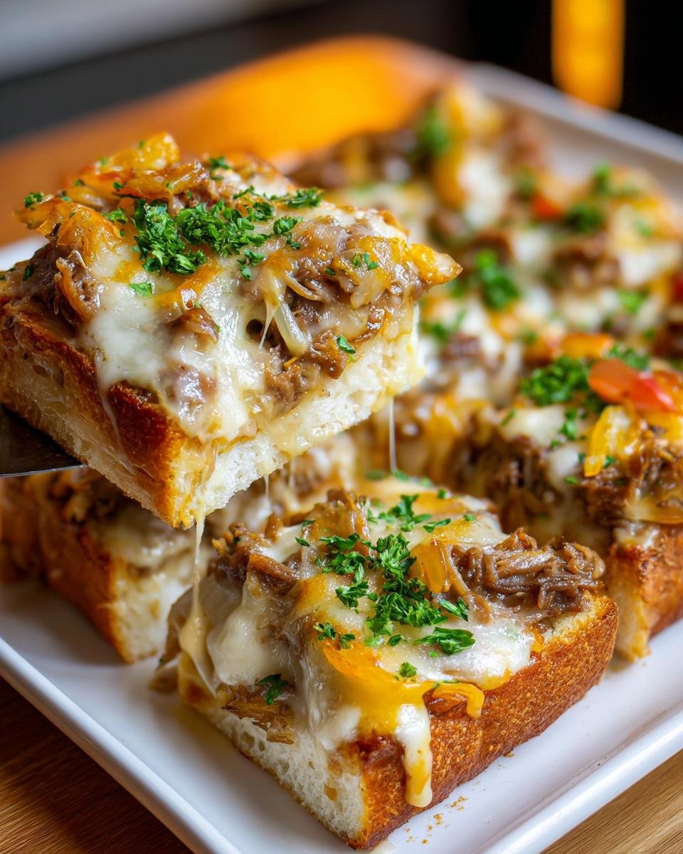 A slice of Philly Cheesesteak Grilled Cheese Casserole being lifted, showing melted cheese pull over steak and onions on toasted bread.