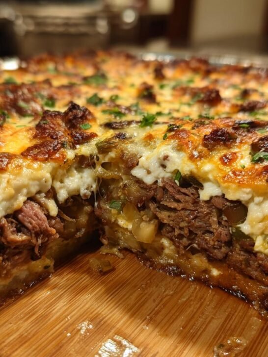 Cross-section view of a baked Philly Cheesesteak Grilled Cheese Casserole showing layers of steak, cheese, and vegetables.