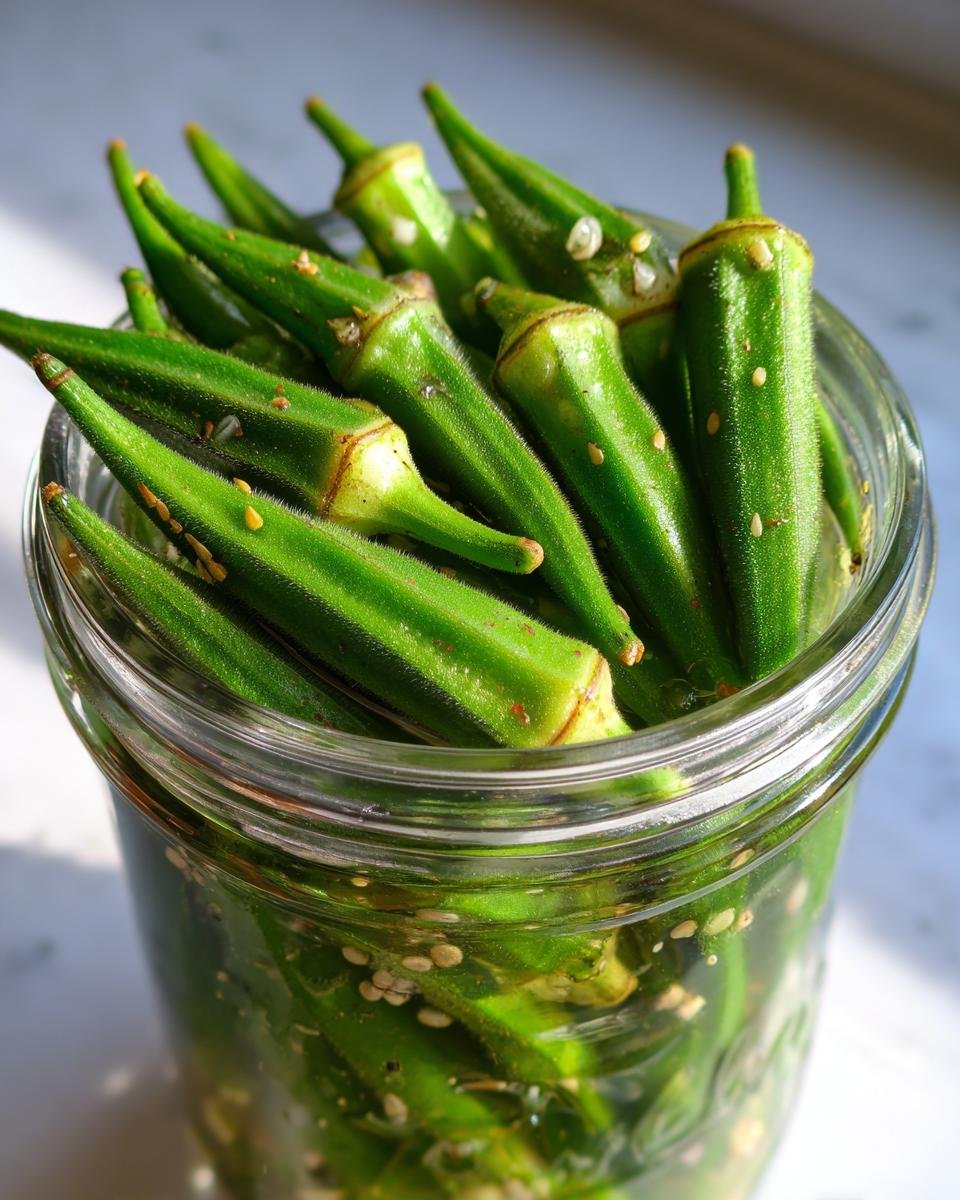 Close-up of bright green, whole pickled okra submerged in liquid with visible sesame seeds inside a clear glass jar.