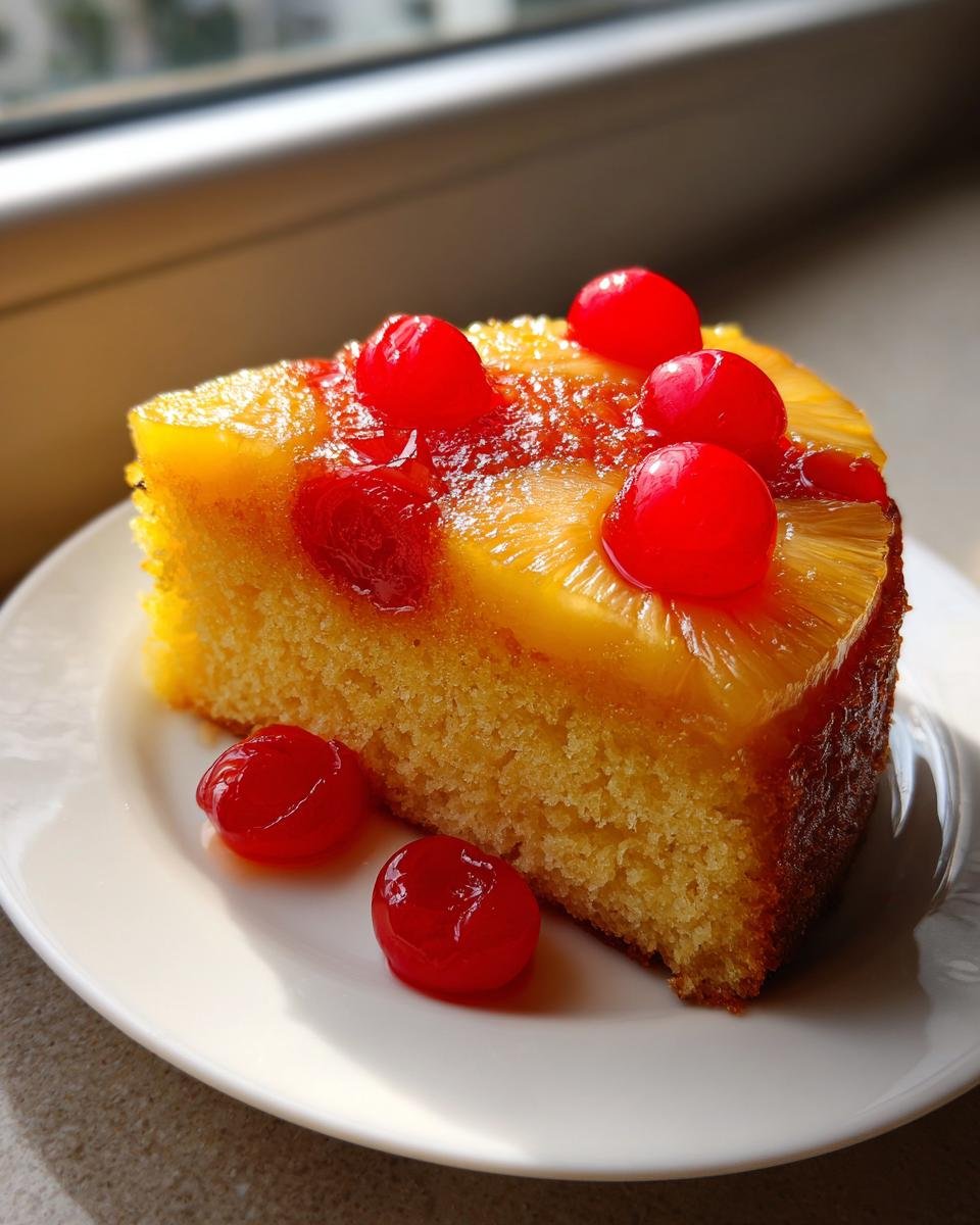 A moist slice of Pineapple Upside Down Cake topped with caramelized pineapple rings and bright red maraschino cherries.