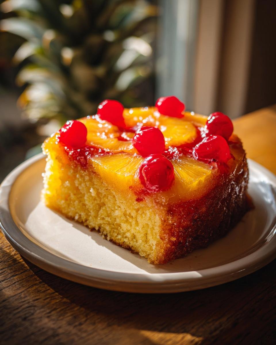 A moist slice of Pineapple Upside Down Cake topped with caramelized pineapple rings and bright red maraschino cherries.