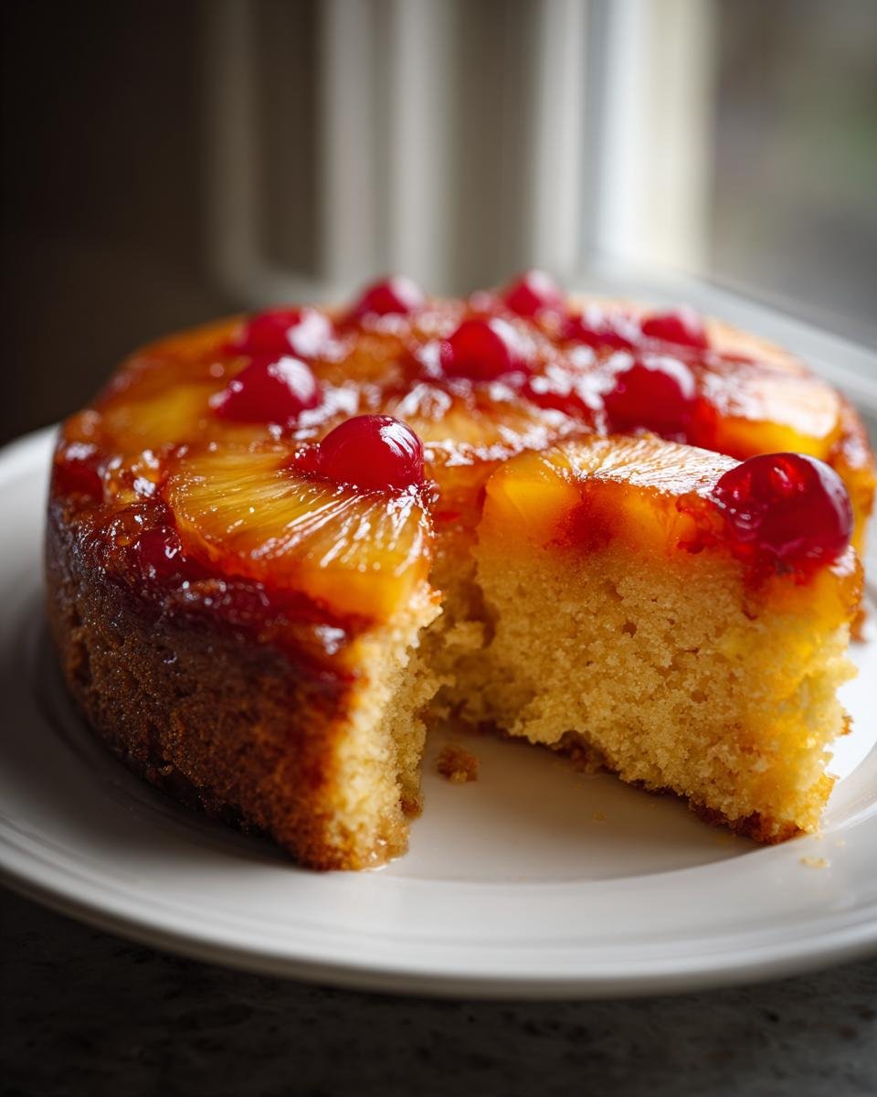 A moist slice cut from a Pineapple Upside Down Cake topped with caramelized pineapple rings and maraschino cherries.