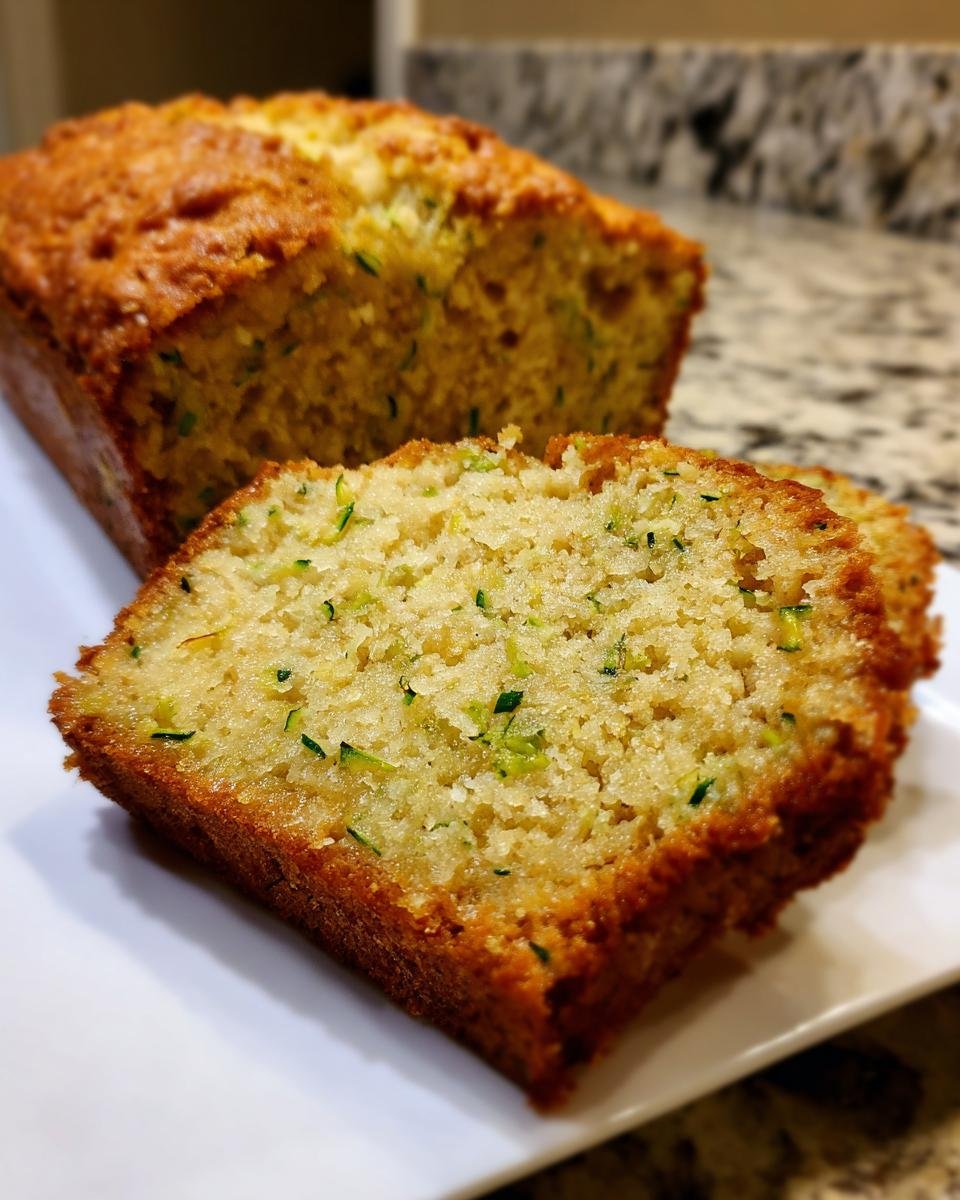 A thick slice of moist Pineapple Zucchini Bread Loaf showing green specks of zucchini on a white plate.