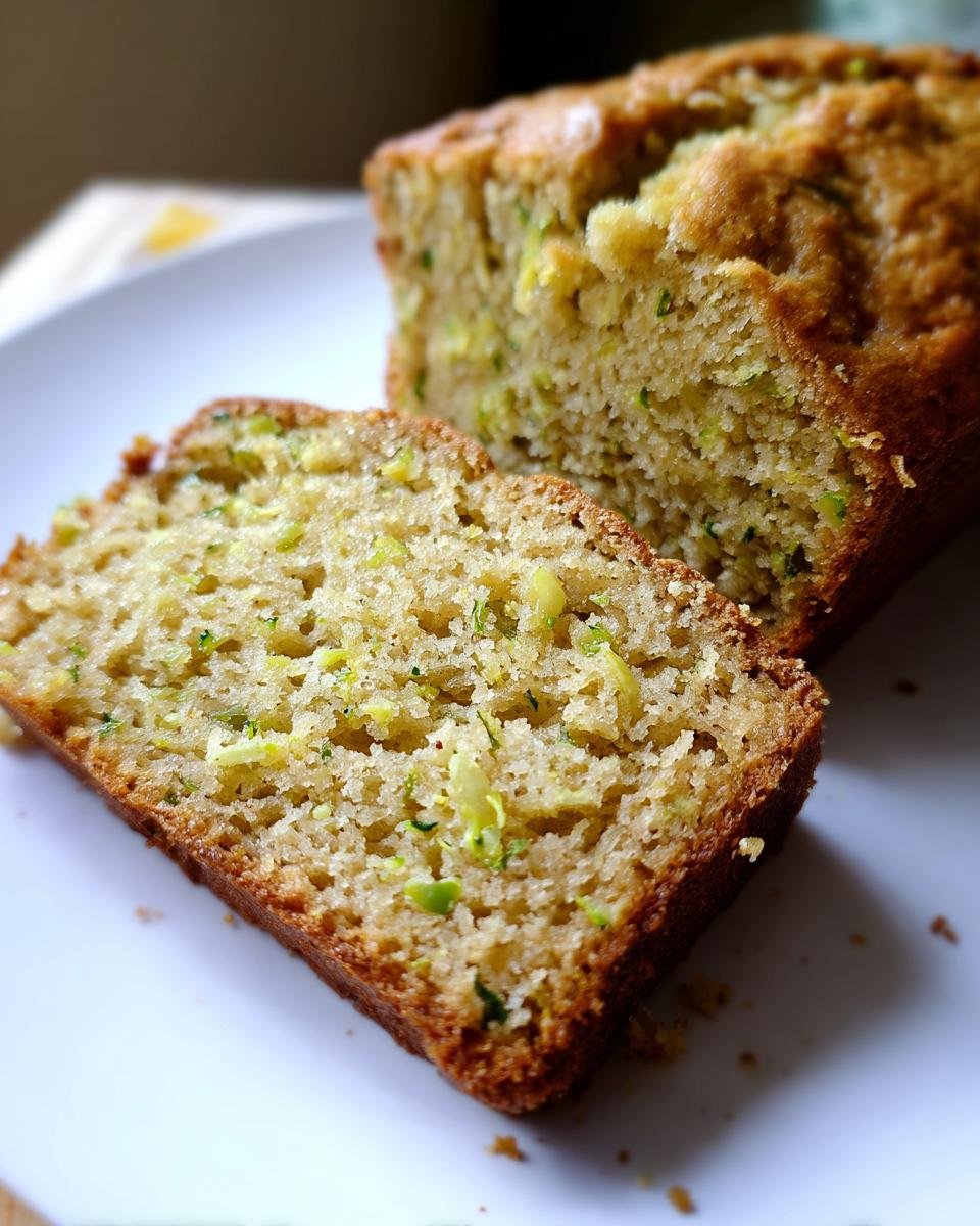 Close-up of a slice cut from a moist Pineapple Zucchini Bread Loaf, showing visible green shreds of zucchini.