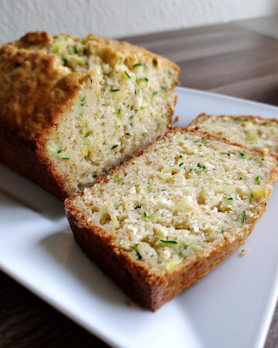 A loaf of moist Pineapple Zucchini Bread Loaf, partially sliced, showing green zucchini shreds in the crumb.