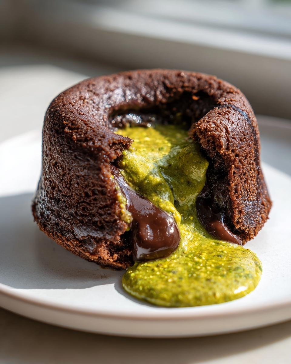 Close-up of a warm chocolate cake split open, revealing a molten center of dark chocolate and bright green pistachio lava filling.