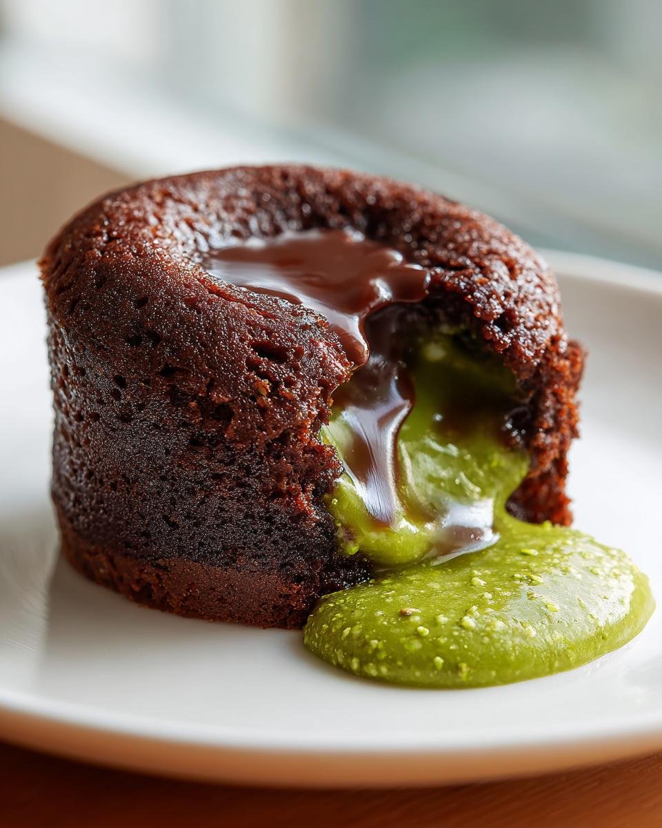 Close-up of a warm chocolate cake with molten chocolate and bright green pistachio filling oozing out, making Pistachio Chocolate Lava Cakes.
