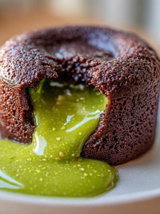 Close-up of a rich chocolate lava cake with bright green pistachio filling oozing out onto a white plate.
