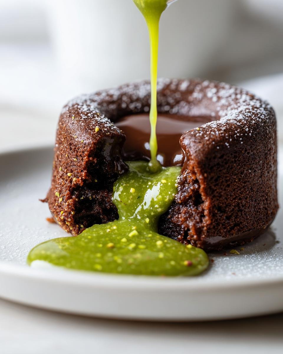 A warm chocolate lava cake oozing melted chocolate and bright green pistachio sauce, dusted with powdered sugar.