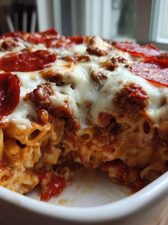 A close-up of a serving dish filled with hot Pizza Baked Ziti, topped with melted mozzarella and pepperoni slices.