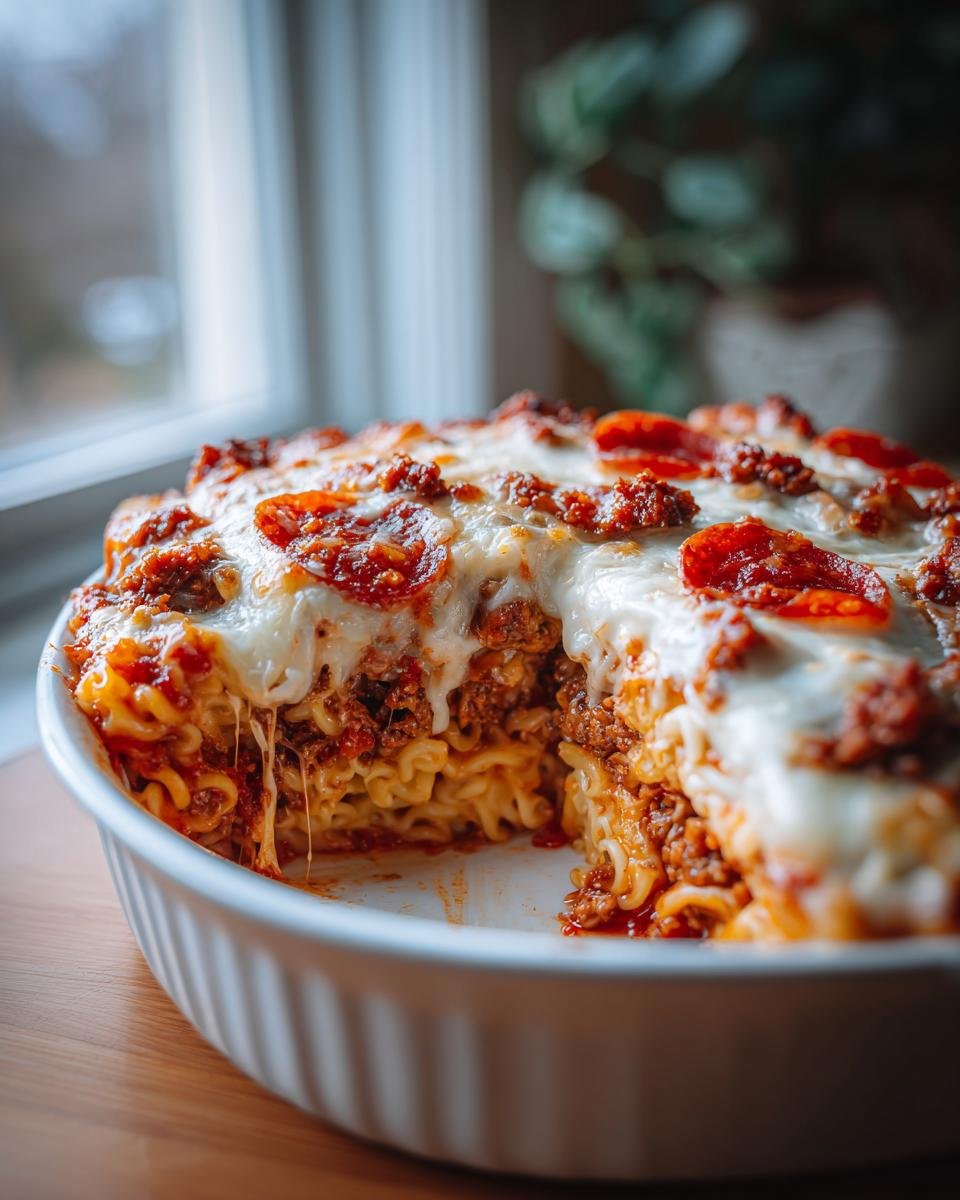 A portion removed from a round white dish of bubbling Pizza Baked Ziti topped with melted mozzarella and pepperoni slices.