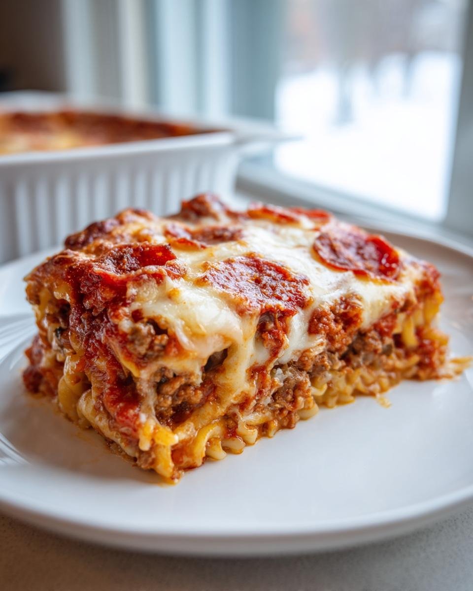 A hearty slice of Pizza Baked Ziti topped with melted mozzarella and pepperoni, served on a white plate.