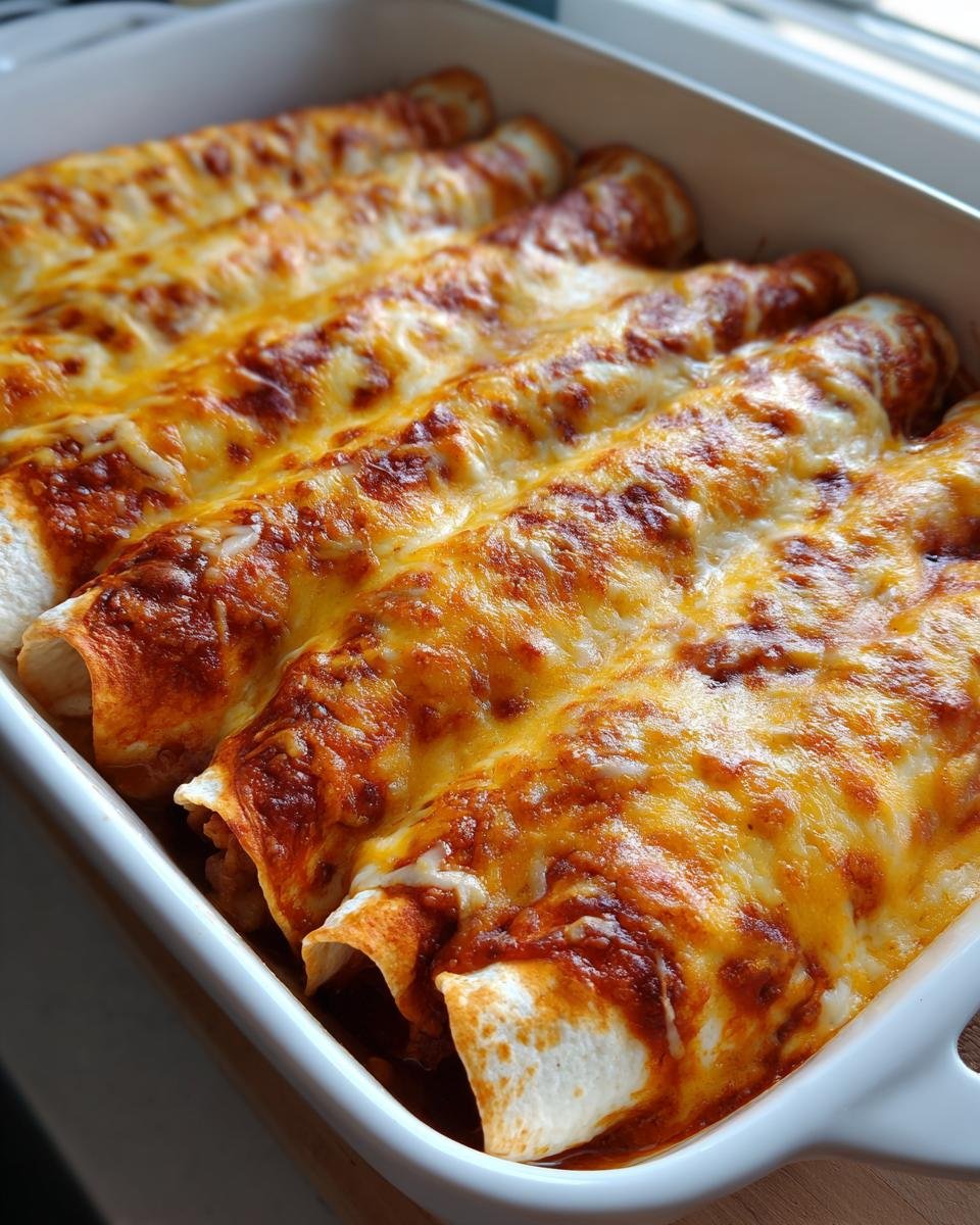Close-up of baked Pizza Enchiladas Ground Beef rolls covered in bubbly, melted orange and white cheese in a white baking dish.