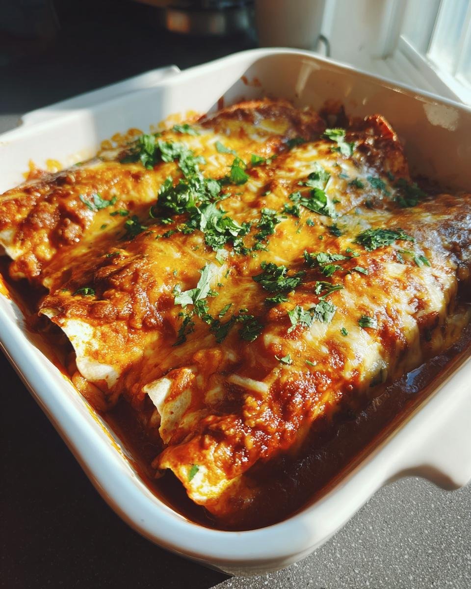 Close-up of baked Pizza Enchiladas Ground Beef covered in melted, bubbly cheese and fresh parsley.