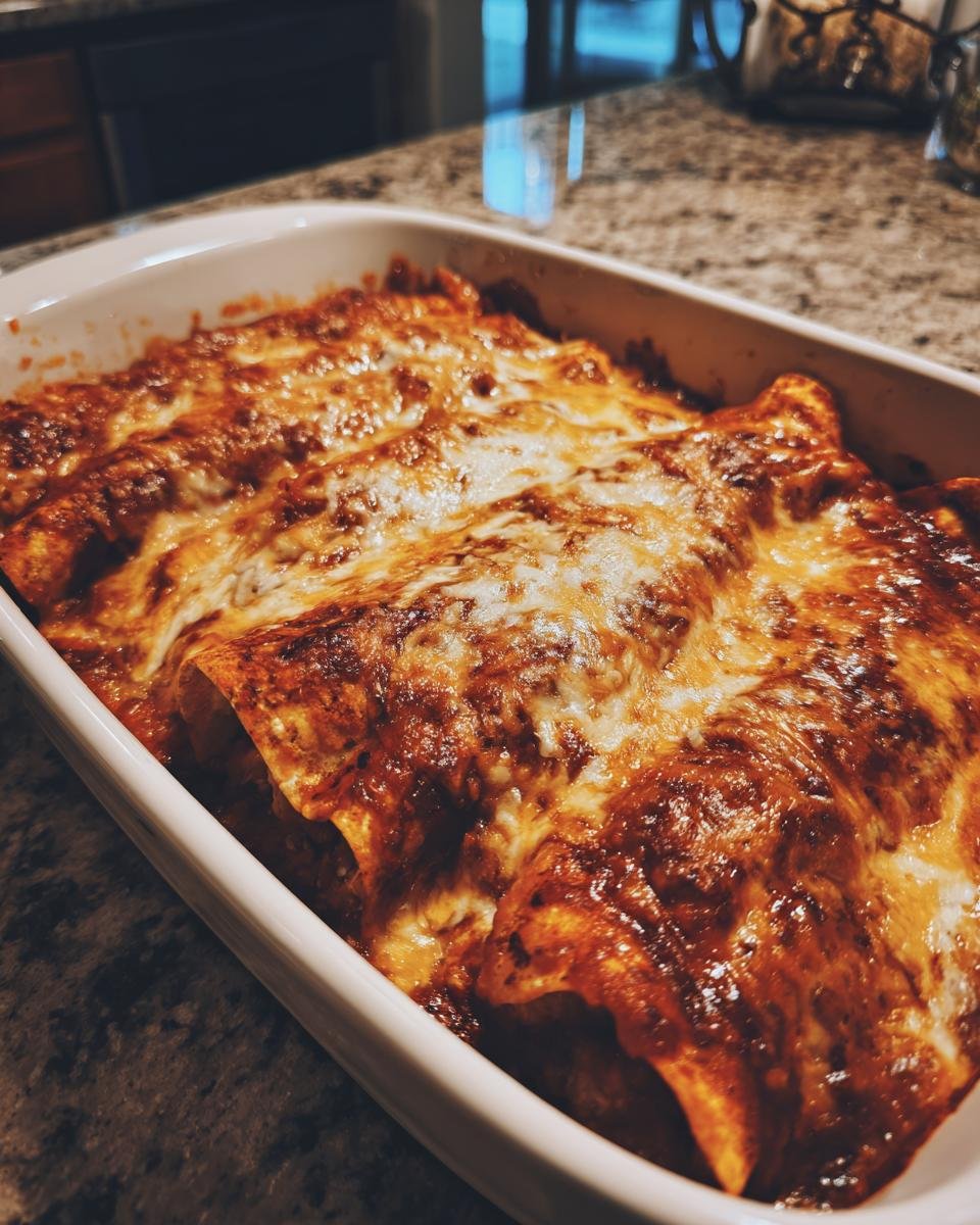 Close-up of baked Pizza Enchiladas Ground Beef covered in melted, golden-brown cheese in a white baking dish.