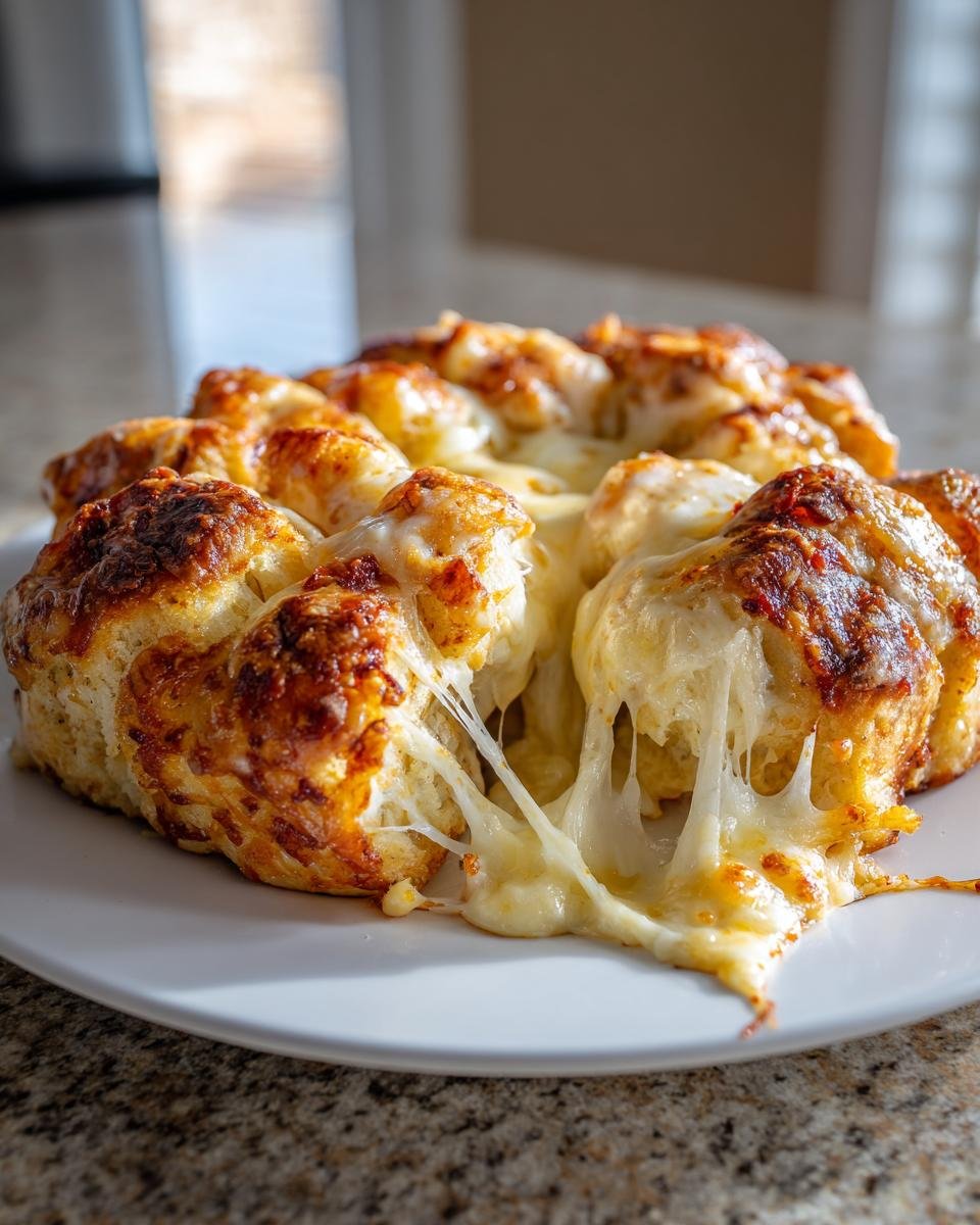 Close-up of freshly baked Pizza Monkey Bread with extreme cheese pull on a white plate.