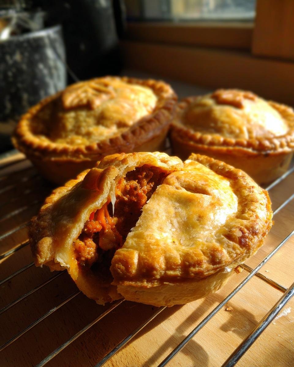 A golden-brown Pizza Pot Pie is broken open, revealing a cheesy, savory filling, with two more pies behind it.