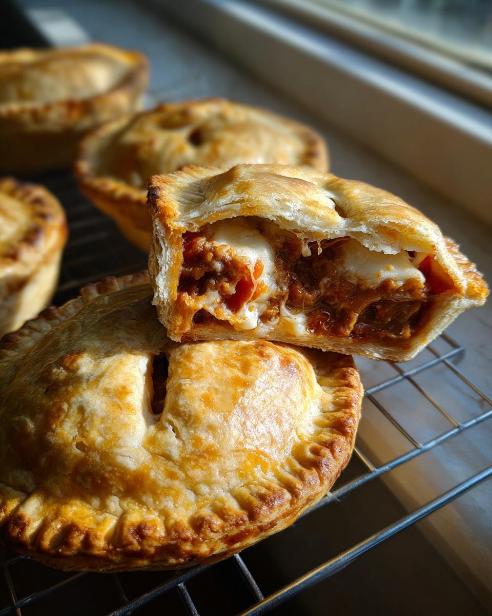 A cross-section view showing the gooey cheese and savory filling inside one of the delicious Pizza Pot Pies.