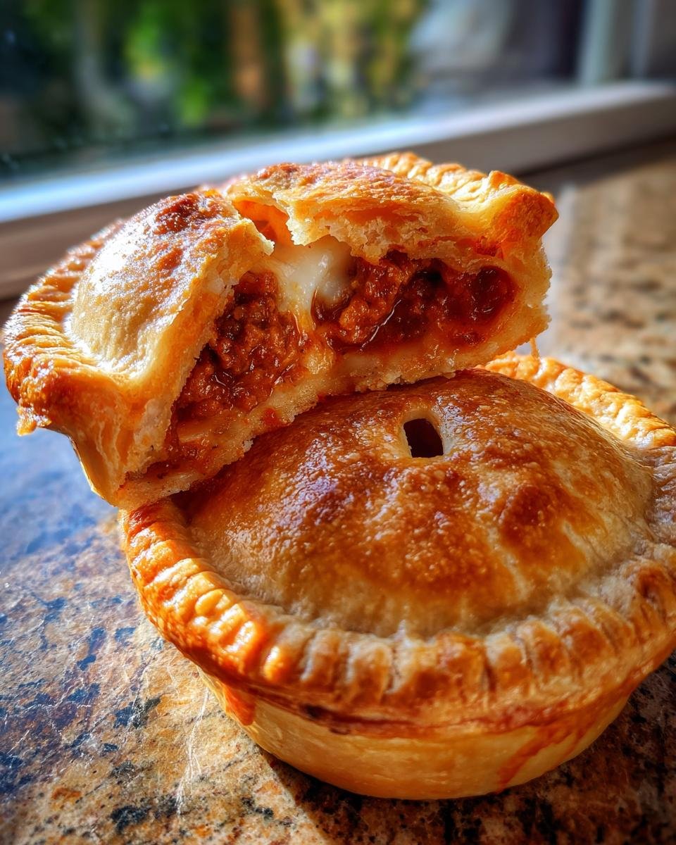 Two golden-brown Pizza Pot Pies, one cut in half revealing melted cheese and savory pizza filling.