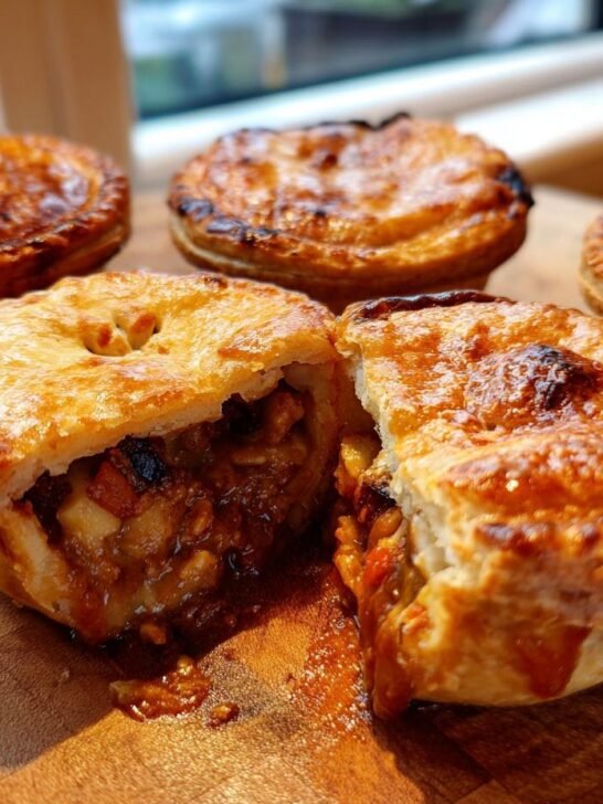 A close-up of several golden-brown Pizza Pot Pies, one cut open revealing a savory filling.