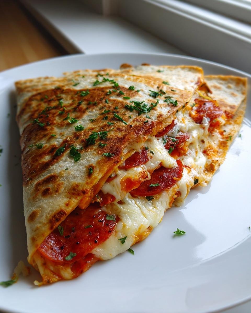 A close-up of a folded Pizza Quesadillas With Pepperoni slice, showing melted mozzarella cheese and pepperoni oozing out.