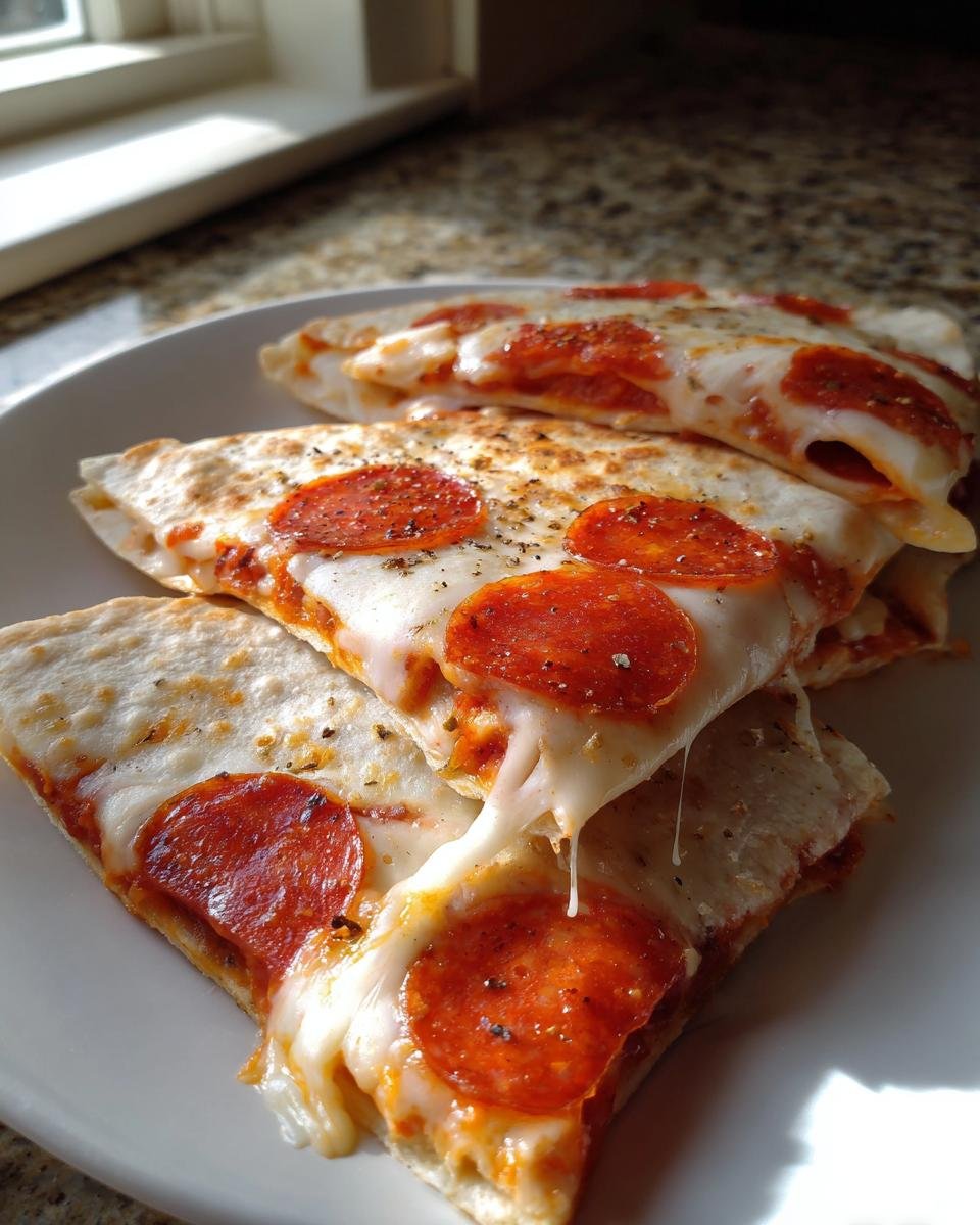 Close-up of gooey Pizza Quesadillas With Pepperoni slices stacked on a white plate, showing melted cheese pull.