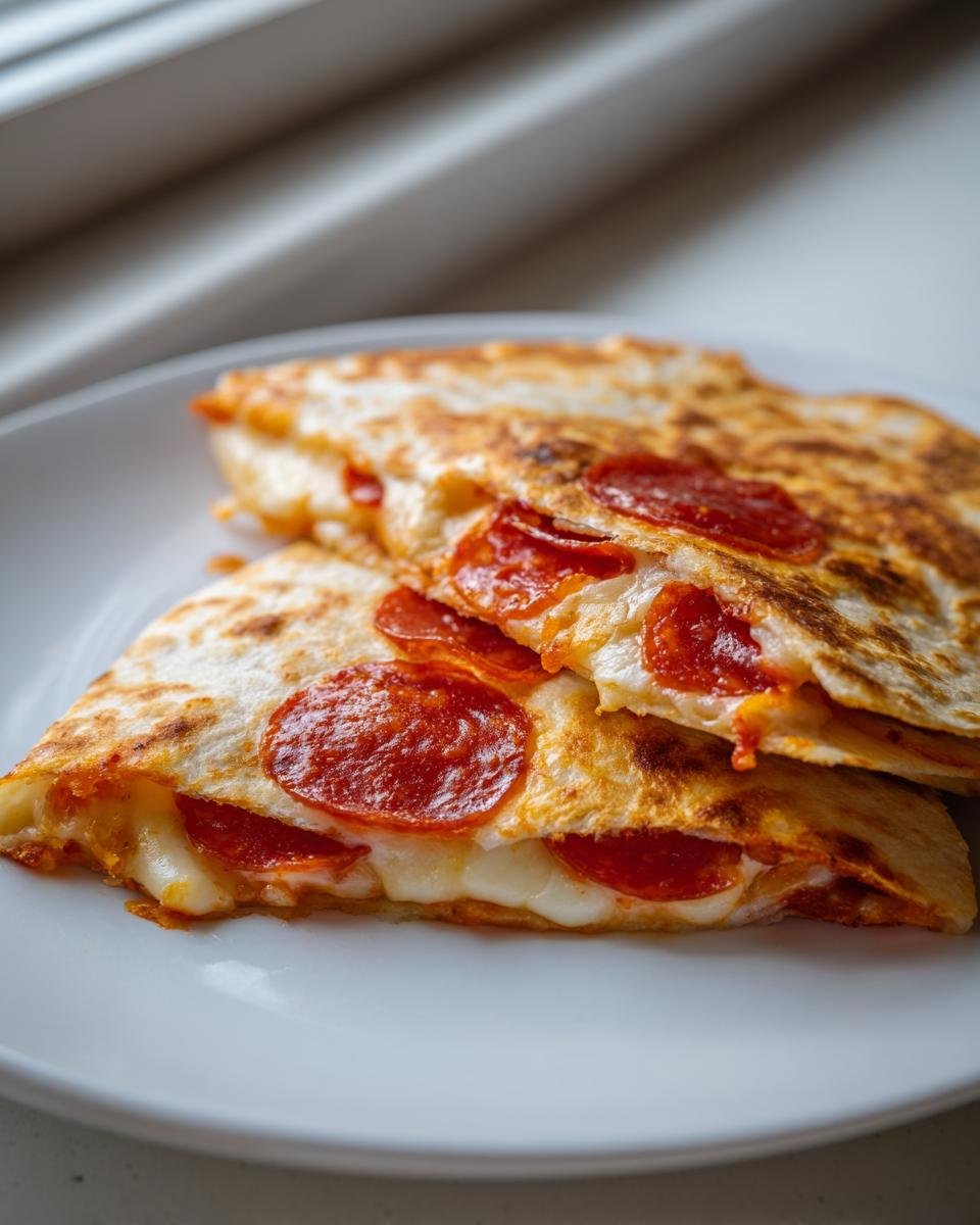 Two halves of golden-brown Pizza Quesadillas With Pepperoni showing melted mozzarella cheese and bright red pepperoni slices.