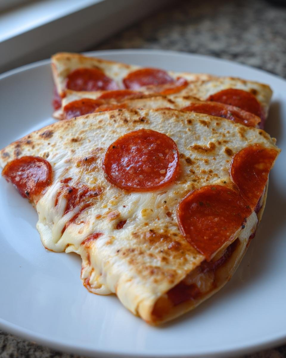 Close-up of two slices of Pizza Quesadillas With Pepperoni showing melted cheese and crispy edges.