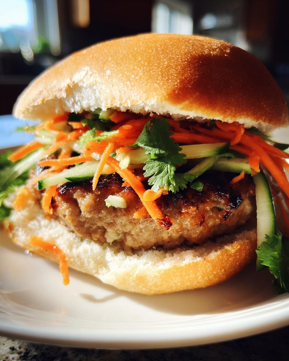 Close-up of a juicy Pork Banh Mi Burger featuring a seasoned patty topped with pickled carrots, cucumber, and cilantro.