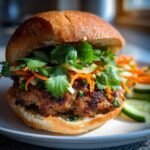 A close-up of a juicy Pork Banh Mi Burger on a bun, topped with pickled carrots, cucumber, and fresh cilantro.
