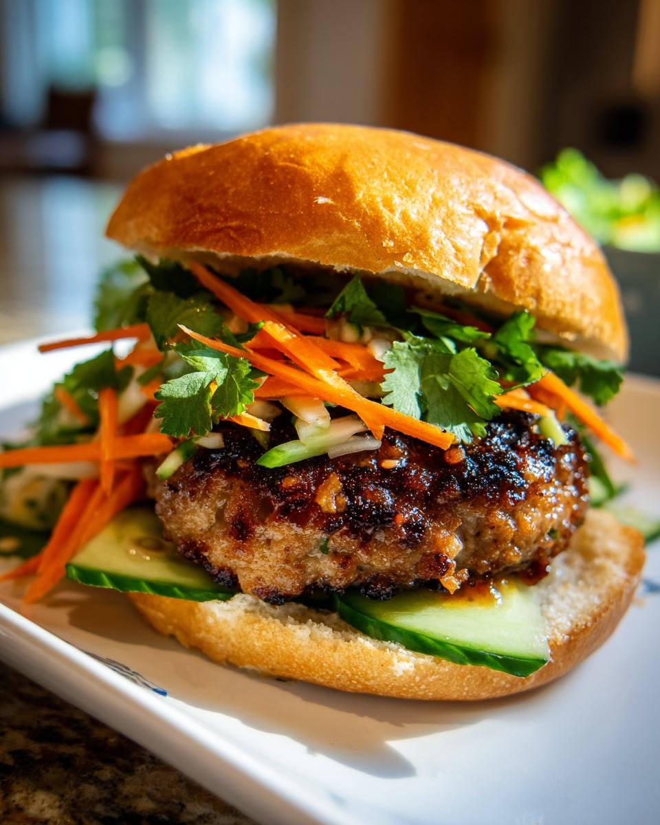 A close-up of a juicy Pork Banh Mi Burger on a toasted bun with pickled carrots, cucumber, and fresh cilantro.