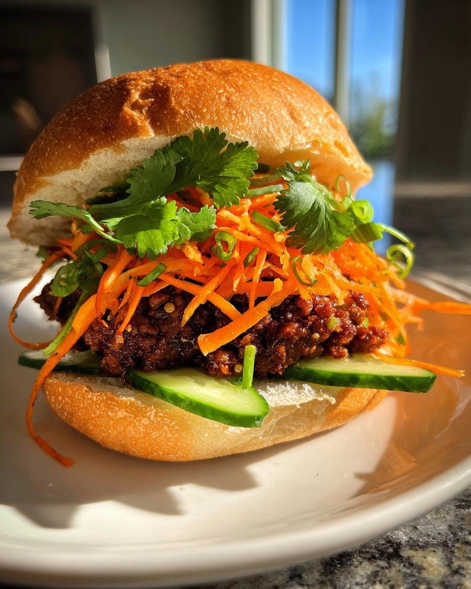 A close-up, sunlit shot of a Pork Banh Mi Burger featuring a dark patty, pickled carrots, cucumber slices, and fresh cilantro on a soft bun.