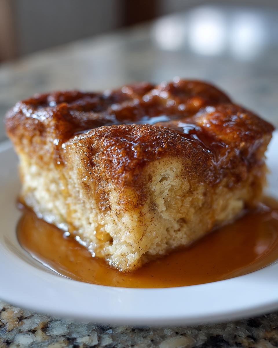 A close-up of a square serving of moist Pumpkin Bread Pudding Recipe topped with a rich caramel glaze.
