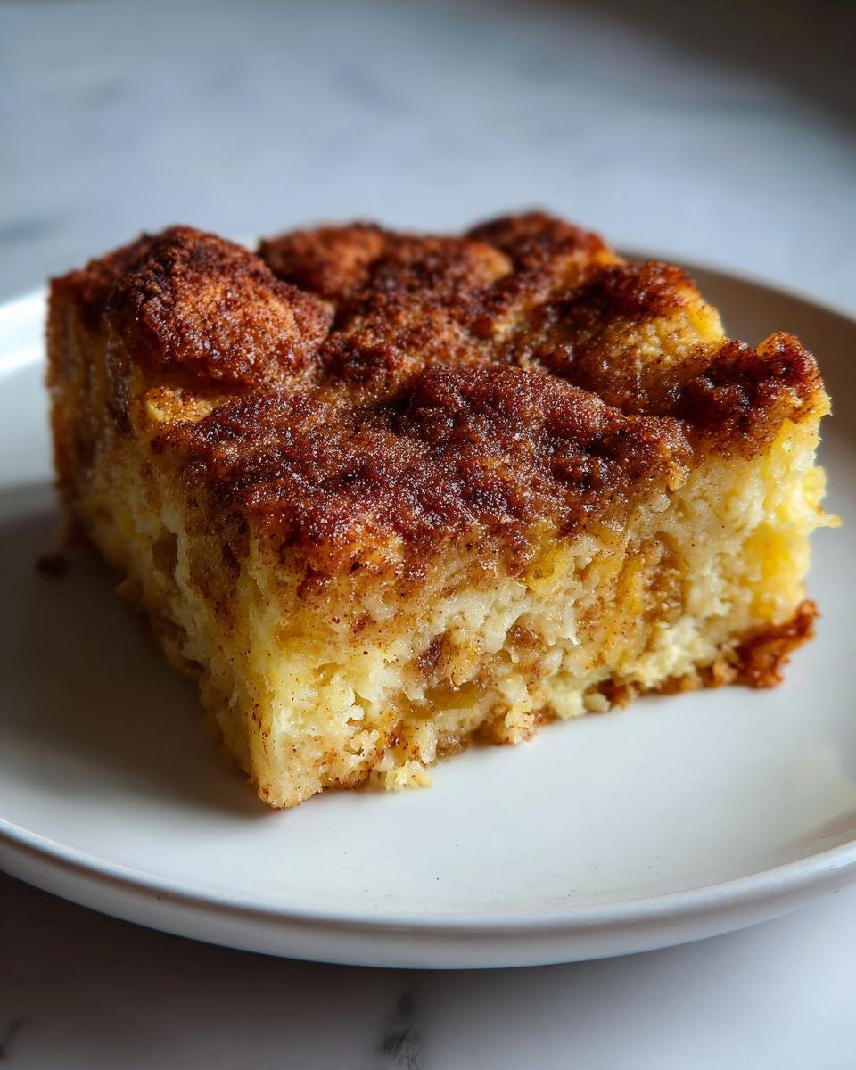 A close-up of a square slice of moist Pumpkin Bread Pudding Recipe with a dark, spiced, sugary crust.