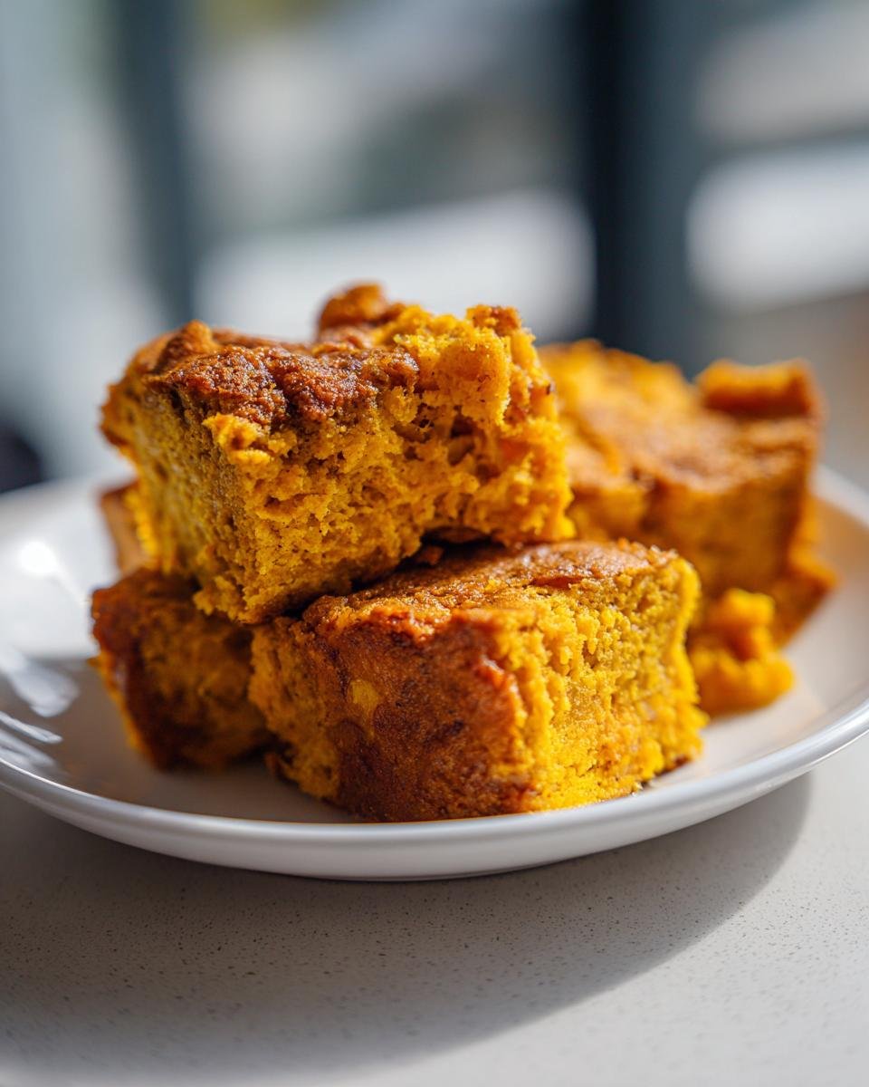 Close-up of several moist squares of Pumpkin Bread Pudding Recipe stacked on a white plate.