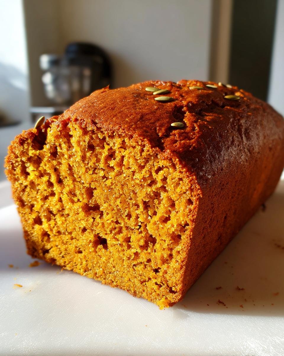 Close-up of a moist, orange-hued loaf from the Pumpkin Bread Recipe, topped with pumpkin seeds.